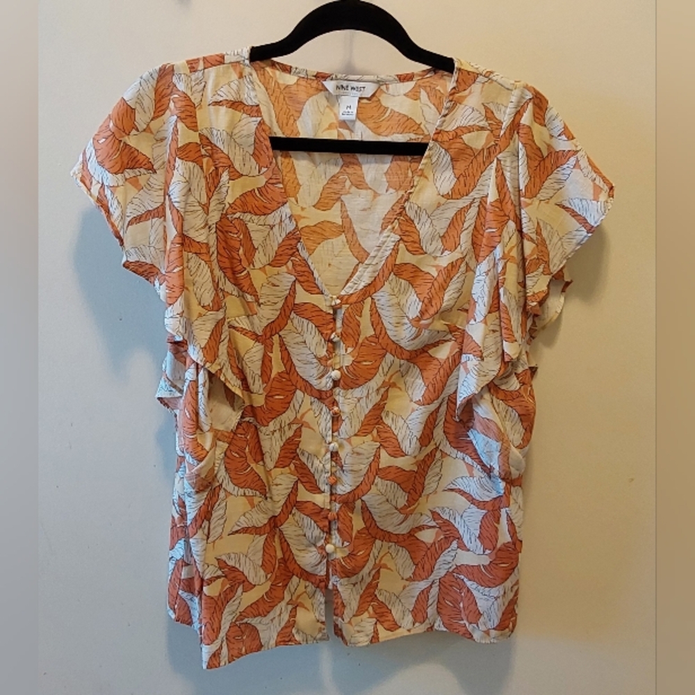Nine West Women's Orange Leaf Print Blouse
